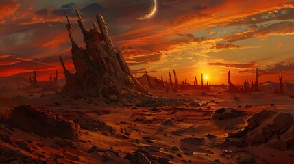 The desert floor is strewn with ancient relics, their weathered surfaces bearing witness to the passage of time. Against the backdrop of a fiery sunset,