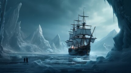 arctic exploration with ship, sharp focus, intricate, diorama, omunious atmosphere,detailed illustration, beautiful color palette.