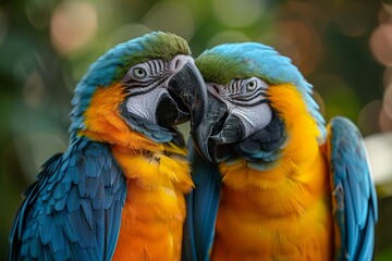 Obraz premium An affectionate capture of two macaws cuddling, showcasing their bond and vibrant colors