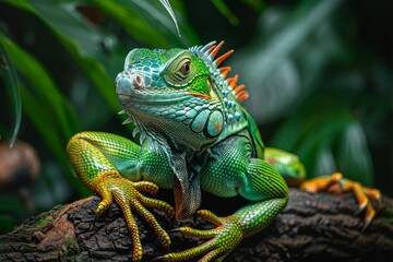 Fototapeta premium A detailed close-up of a Green Iguana showcasing its vivid colors and textures against a lush green backdrop