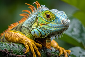 Fototapeta premium This image captures a colorful iguana perched on a tree branch, drawing attention to its vibrant orange and green scales