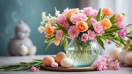 Spring flowers in vase for holiday. Fresh beautiful spring flowers in vase on table. Easter decoration for home