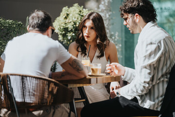A diverse group of entrepreneurs discusses reports and strategizes for business growth at a sunlit modern coffee bar.
