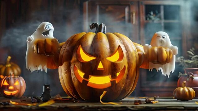 Halloween pumpkin, bodybuilder summons ghosts. halloween sport