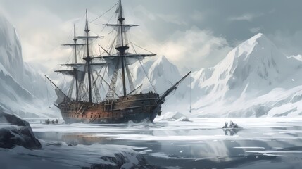 Obraz premium Arctic exploration with ship, sharp focus, intricate, detailed illustration, beautiful color palette.