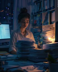 A woman is sitting at a desk with a pile of papers in front of her. Female is looking at the papers and Female is focused on them