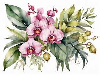 watercolor floral illustration exotic nature tropical flowers bouquet orchid green leaves isolated...