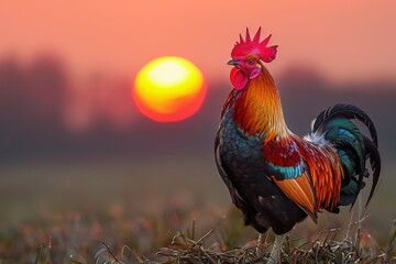 Fototapeta premium With the sunset as a backdrop, a vibrant rooster's silhouette stands out during the tranquil moments of dusk