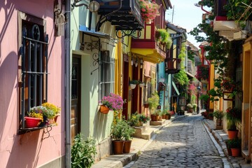 Fototapeta premium A colorful street with many houses and potted plants. The scene has a lively and vibrant atmosphere