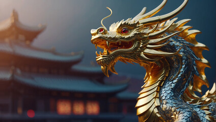 A golden dragon statue with blue accents is sitting with its mouth open
