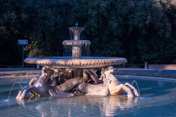 Rome, Italy - August 4th, 2022: Fontana dei Cavalli Marini a Villa Borghese - Fountain of the Sea...