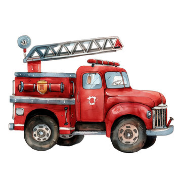 Watercolor Firetruck Clipart, fire engine cartoon