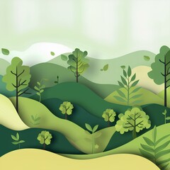 Eco green wallpaper design, graphical cartoon illustration of nature. Copy space for text. AI 