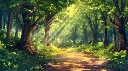  Sunlight filtering through the dense canopy of an ancient forest, painting the forest floor with dappled patterns of light and shadow
