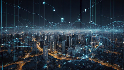 The image shows a futuristic city with a glowing blue