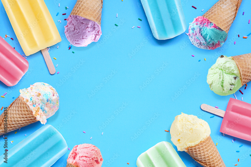 Aufkleber collection of colorful pastel ice cream cones and popsicle summer frozen desserts. top view frame on