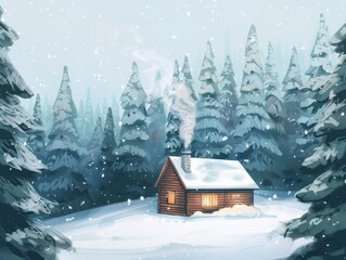 A cabin in the woods with smoke coming out of the chimney. The cabin is surrounded by trees and snow