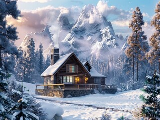 A cabin in the woods with a fireplace and a view of mountains. The scene is peaceful and serene, with the snow-covered landscape adding to the sense of calm