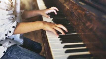 A young child is playing the piano. The child is wearing a white polka dot shirt and blue jeans. The piano is a large wooden instrument with black keys. The child's hands are on the keys