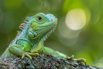 Obraz premium A relaxed green iguana casually lounges on a tree branch surrounded by a lush green bokeh background