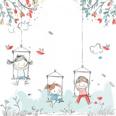 Rysunek przedstawia dwójkę dzieci bawiących się na huśtawce. Jedno dziecko jest wyżej od drugiego, oba uśmiechnięte i w ruchu