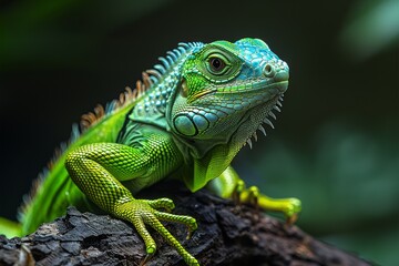 Fototapeta premium Vibrant green iguana with spiky crest perched on a rugged tree bark, showcasing its reptilian features