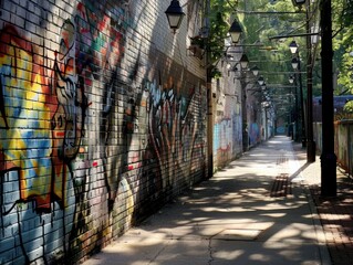 Fototapeta premium A graffiti covered brick wall with a path in front of it