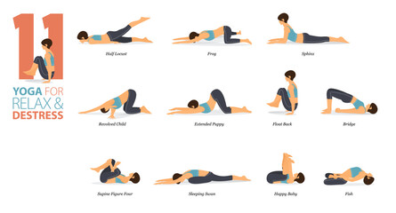 11 Yoga poses or asana posture for workout in relax & destress concept. Women exercising for body stretching. Fitness infographic. 