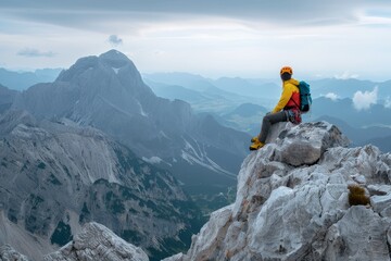 Obraz premium A tourist climber with climbing equipment and a backpack sits on the top of a rock and looks into the distance at the beauty of the mountains
