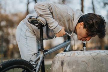 A focused man repairing a bicycle tire outdoors, showcasing active lifestyle and self-reliance in a...