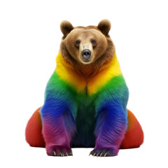 Cute bear with colorful fur with the colors of LGBT or gay flag looking at camera isolated on transparent background, PNG file. Concept of gay bear or lgbt pride.