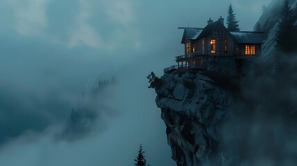 Veiled in a cloak of mist, a remote chalet perches on the edge of a precipice, its windows aglow with the promise of warmth and shelter, a beacon in the wilderness.