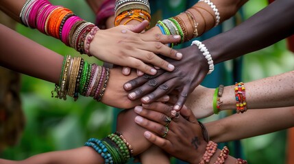 Group of diverse individuals celebrating Friendship Day by stacking their hands together