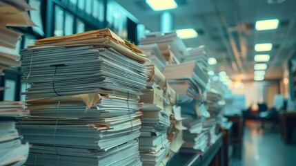 Fototapeta premium Piles of unfinished documents archives with clips 