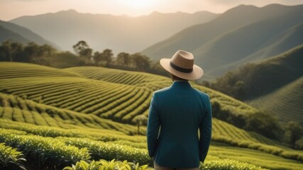 Man in suit and hat looks at amazing landscape view of tea plantation in sunset/sunrise time. Nature background with blue sky and foggy, a lot of green plants, copy space