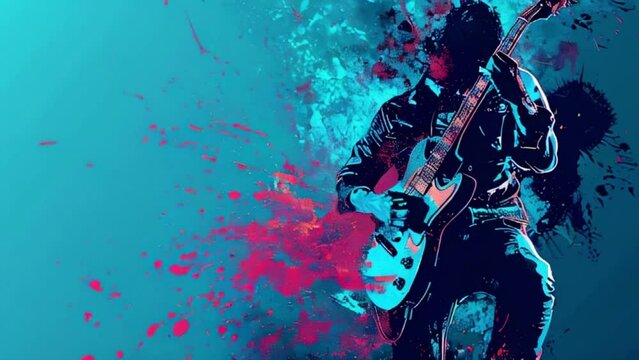 Rock music blue background. Rock Poster man with Guitar and Place for Text