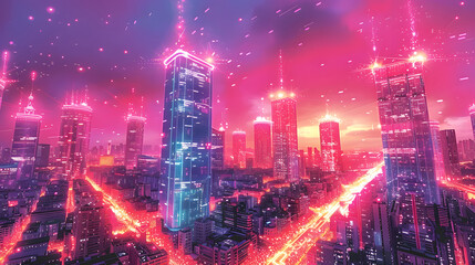 Fototapeta premium An aerial view of a futuristic cityscape bathed in vibrant pink and red lights, depicting a high-energy, digital metropolis