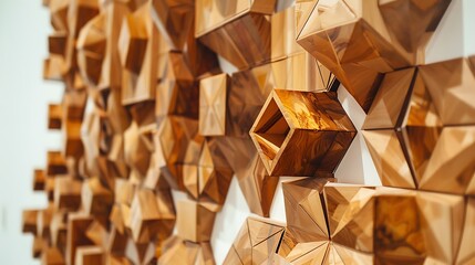 Wooden art installation featuring geometric shapes and intricate detailing, creating visual intrigue against a white backdrop.