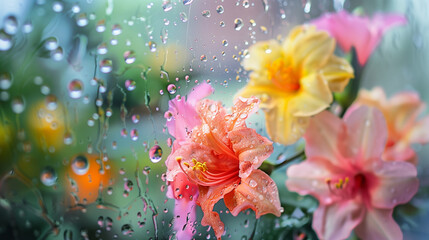 Colorful flowers behind cloudy glass in drops of water