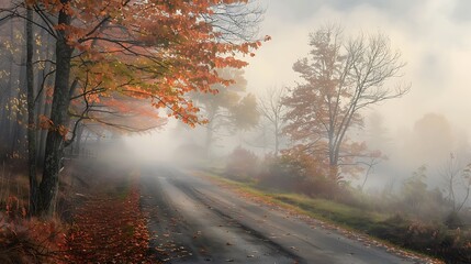 Naklejka na ściany i meble Wisps of fog cling to the roadside, lending an ethereal quality to the scene as leaves peek through the mist, imbued with an otherworldly allure.