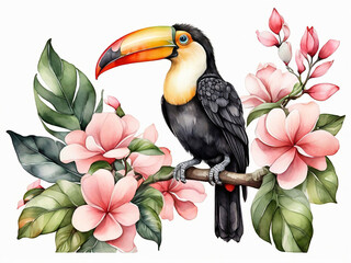watercolor botanical illustration hand painted toucan in the jungle green leaves blooming magnolia flowers paradise bird tropical nature isolated on white background