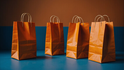 There are several orange gift bags with bows on a blue table.

