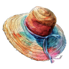 A beautiful watercolor painting of a summer hat. The hat has a wide brim and a colorful pattern. It is perfect for a day at the beach or a casual summer day.