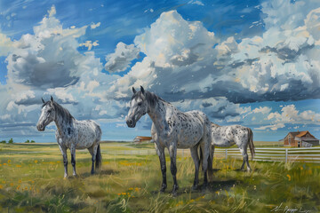 Oil painting of three grey appaloosa horses in the prairie, with clouds and a blue sky in the background, a barn far away in the distance, a white fence nearby, green grass near. 