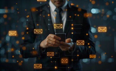 A man is holding a cell phone and is surrounded by many emails