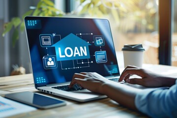 A laptop screen shows a person typing on a keyboard with the word "loan" written