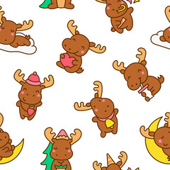Cute kawaii moose character. Seamless pattern. Cartoon funny wild animal. Hand drawn style. Vector drawing. Design ornaments.