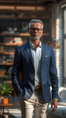 Real estate agent, middle aged Caucasian male, dressed in smart blue blazer and glasses, portraying concentration loft interior