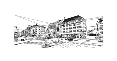 Print Building view with landmark of St. Gallen is the
city in Switzerland. Hand drawn sketch illustration in vector.