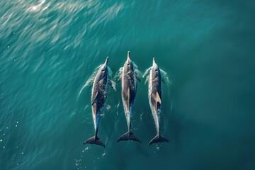 Dolphin family,  birds' eye view of three dolphins
